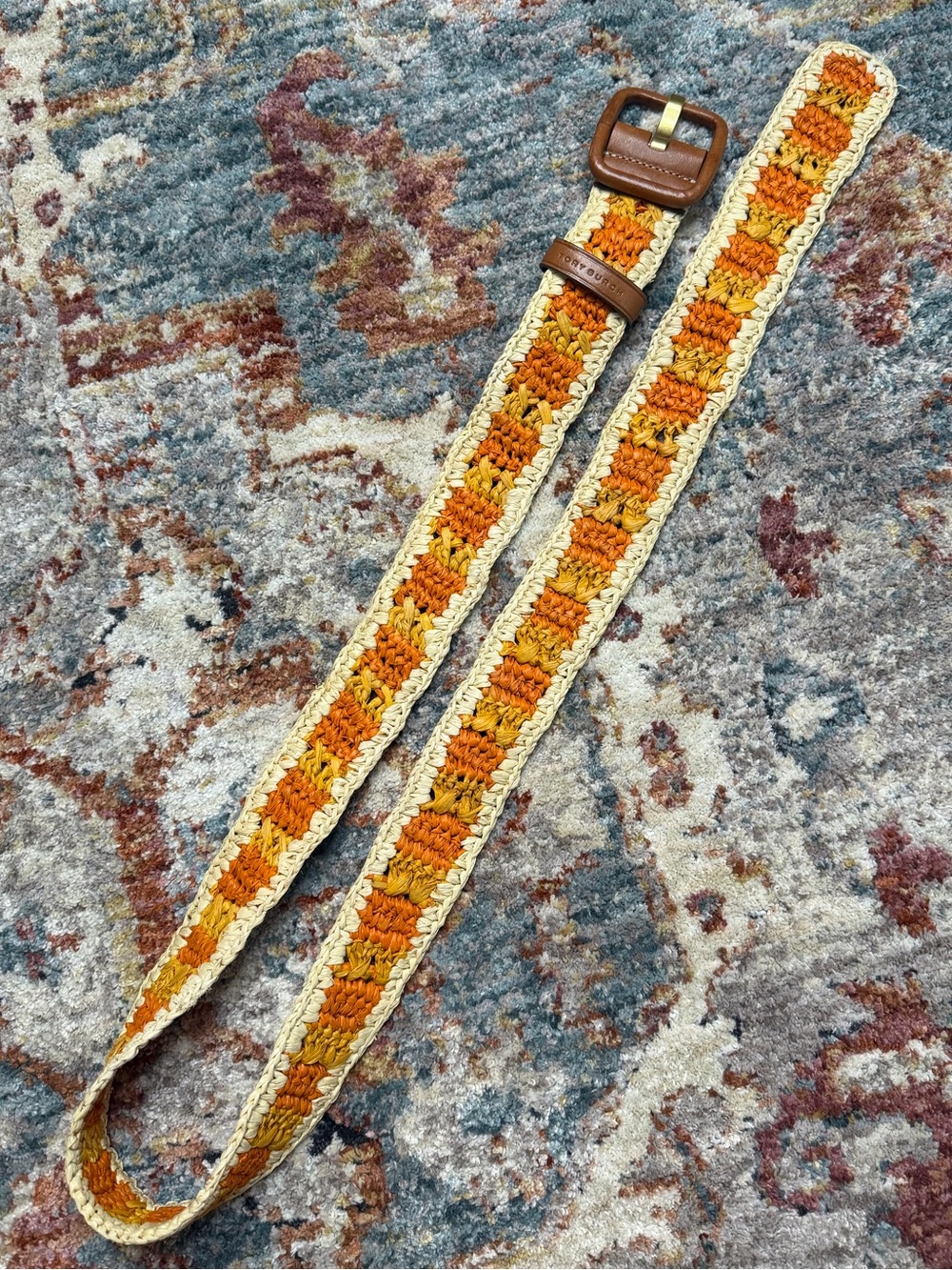 Tory Burch Crochet Belt with Brown Leather Buckle - Yellow & Orange